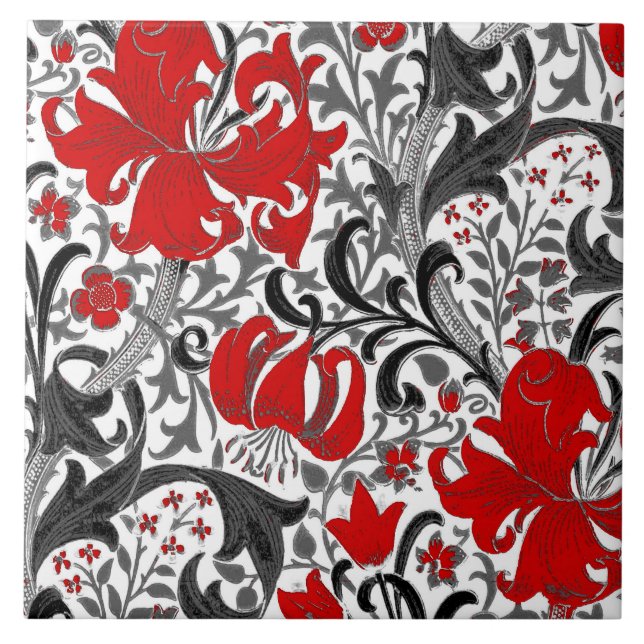 William Morris Iris och Lily, Black, White och Red Kakelplatta (Framsidan)