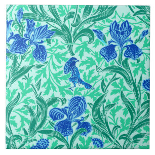 William Morris Irises, Cobalt Blue, Aqua and Teal Kakelplatta