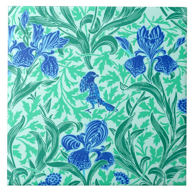 William Morris Irises, Cobalt Blue, Aqua and Teal Kakelplatta (Framsidan)