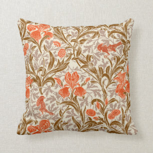 William Morris Irises, Coral Orange, Brown & Beige Kudde