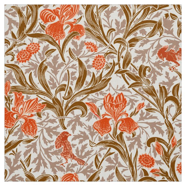 William Morris Irises, Coral Orange, Brown & Beige Tyg (Provkarta)