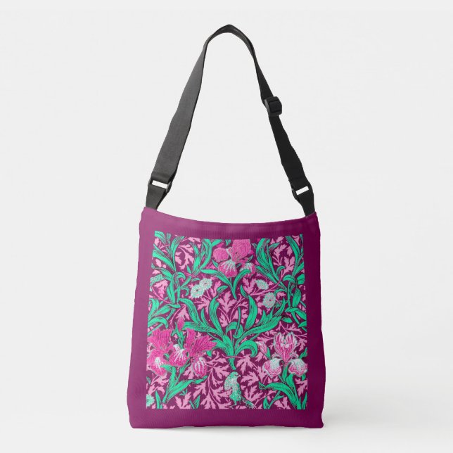 William Morris Irises, Fuchsia Rosa och Vin Axelväska (Framsida)