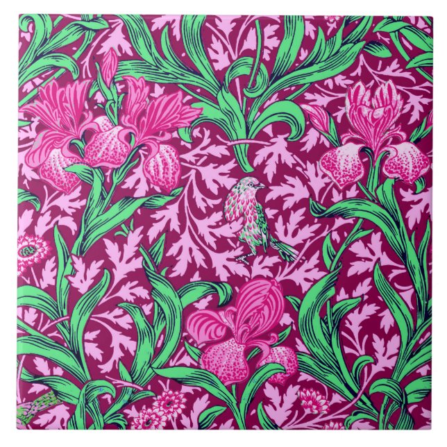 William Morris Irises, Fuchsia Rosa och Vin Kakelplatta (Framsidan)