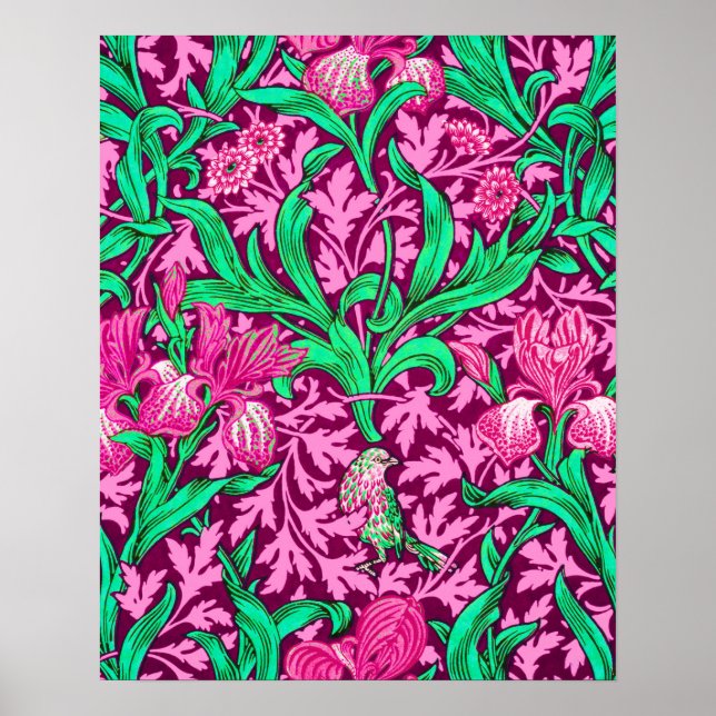 William Morris Irises, Fuchsia Rosa och Vin Poster (Framsidan)