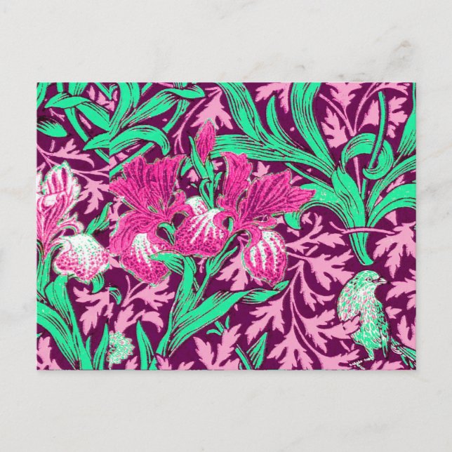 William Morris Irises, Fuchsia Rosa och Vin Vykort (Framsida)