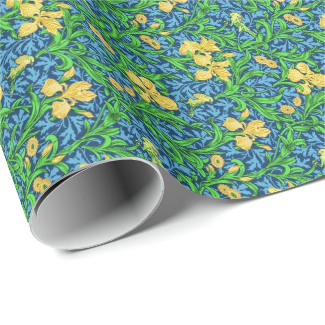 William Morris Irises, Gult and Cobalt Blue Presentpapper (Rullad Hörn)