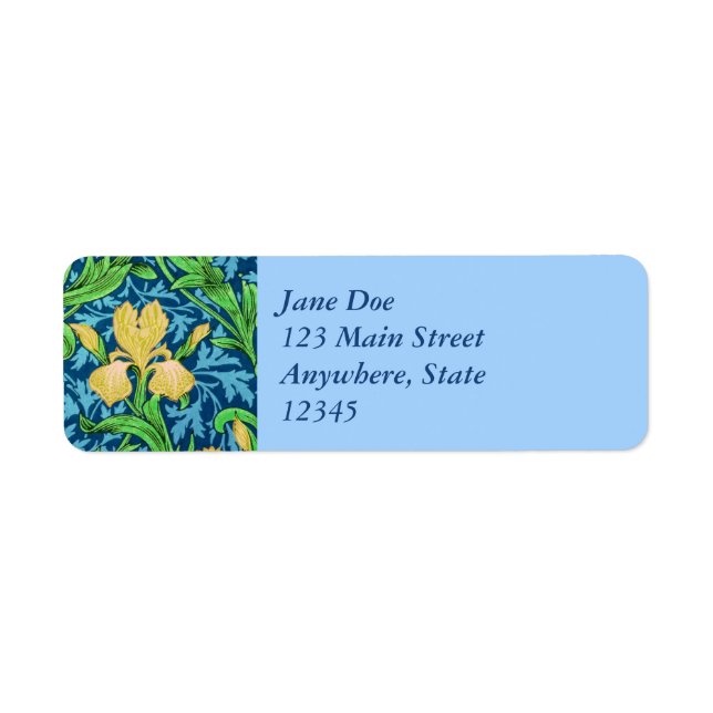 William Morris Irises, Gult and Cobalt Blue Returadress Etikett (Framsidan)