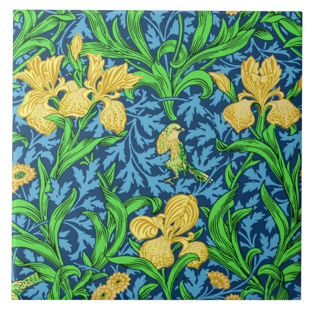 William Morris Irises, Gult och Cobalt Blue Kakelplatta (Framsidan)