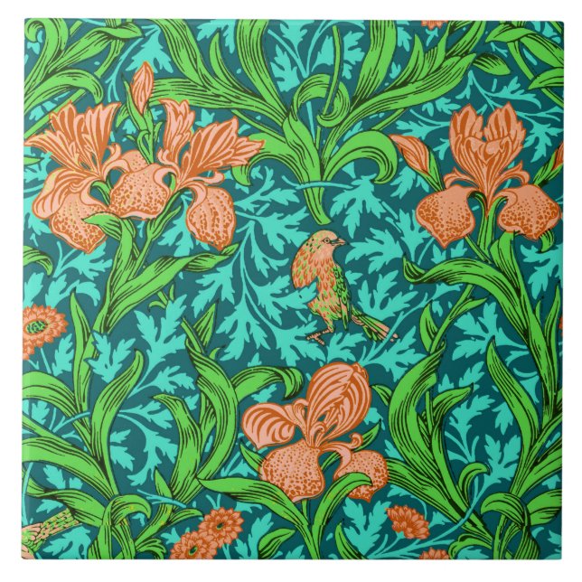William Morris Irises, Orange och turkos Kakelplatta (Framsidan)