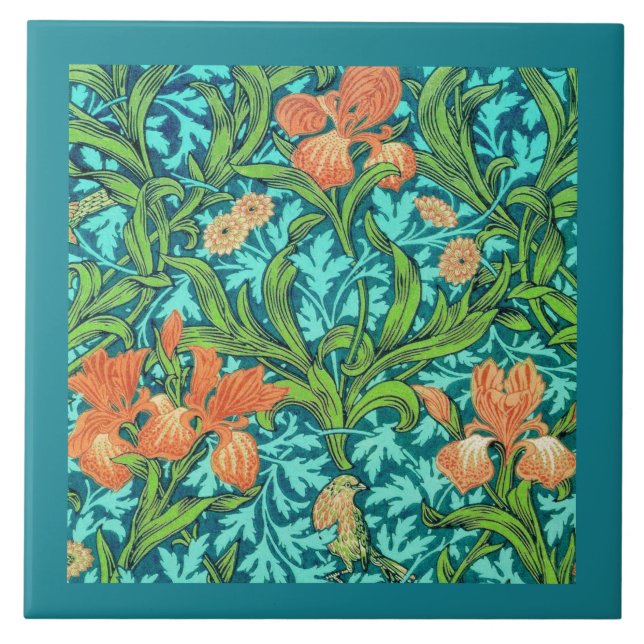 William Morris Irises, orange och turkos Kakelplatta (Framsidan)
