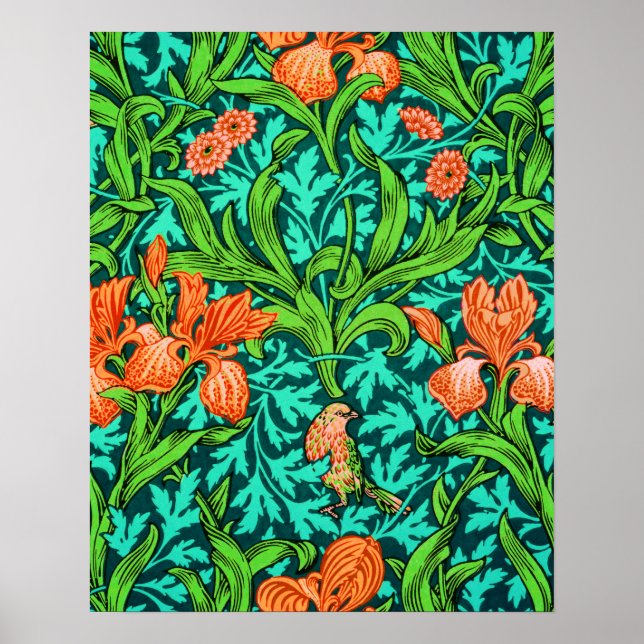 William Morris Irises, Orange och turkos Poster (Framsidan)