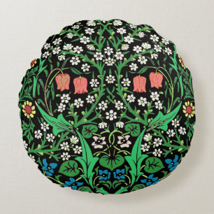 William Morris Jacobean Blommig, Svart Bakgrund Rund Kudde