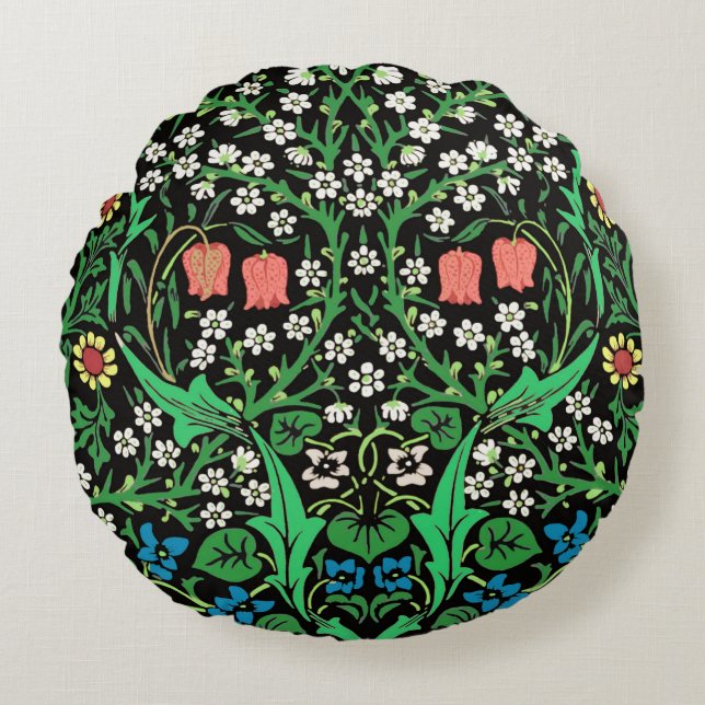 William Morris Jacobean Blommig, Svart Bakgrund Rund Kudde (Framsidan)