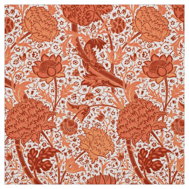 William Morris Jacobean blommigt, korallorange Tyg (Provkarta)