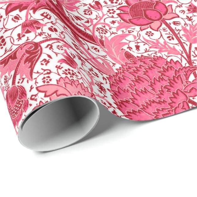 William Morris Jacobean blommigt, korallrosa Presentpapper (Rullad Hörn)
