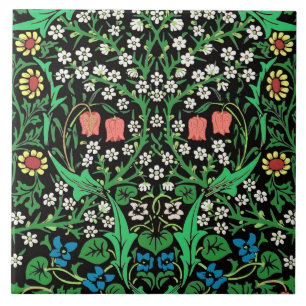 William Morris Jacobean blommigt, svart bakgrund Kakelplatta