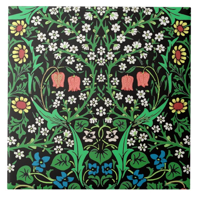 William Morris Jacobean blommigt, svart bakgrund Kakelplatta (Framsidan)
