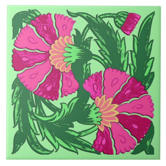 William Morris Jacobean, Fuchsia Rosa och Grönt Kakelplatta (Framsidan)