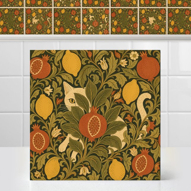William Morris Katt Citrusfrukt Mönster Gobeläng Kakelplatta (Antique Art Nouveau William Morris Cat Citrus Fruit Pattern Tapestry Ceramic Tile Mural)