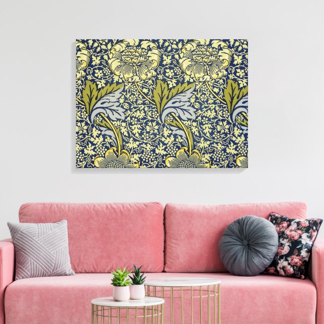 William Morris Kennet Blommig Tapet Blå Guld Canvastryck (Insitu (Vardagsrum))