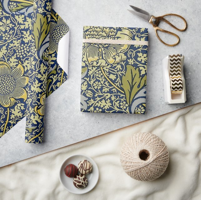 William Morris Kennet Blommig Tapet Blå Guld Presentpapper (Hantverk)