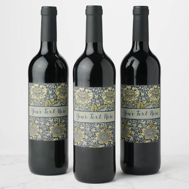 William Morris Kennet Blommig Tapet Blå Guld Vinflaska Etikett (Flaskor)