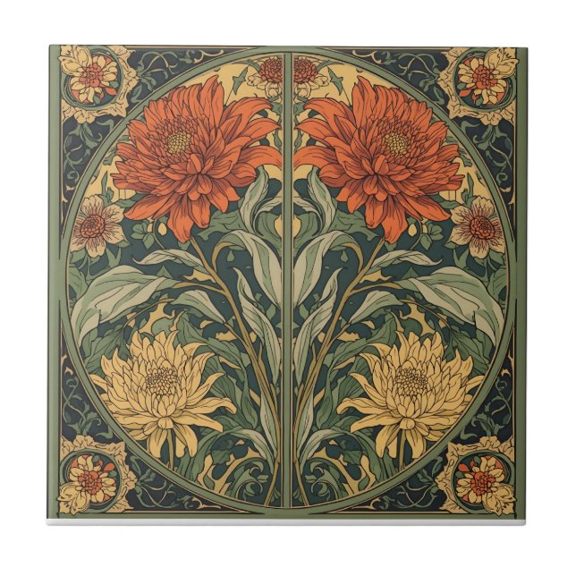  William Morris Krysantemum Blommig Art Nouveau  Kakelplatta (Framsidan)