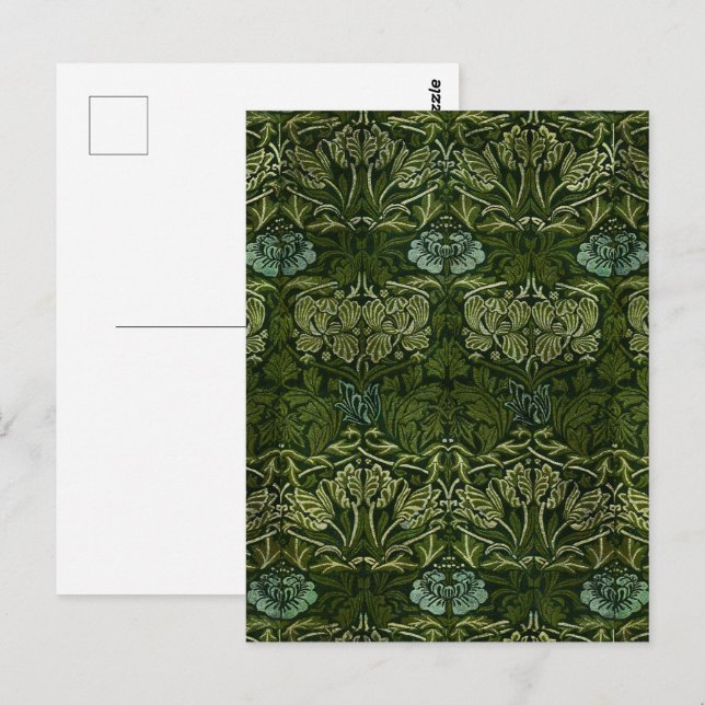 William Morris Large Grönt Lövs & Blue Flower Vykort (Fram/baksida)