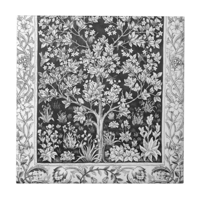 William Morris - Livets träd Black and White Kakelplatta (Framsidan)