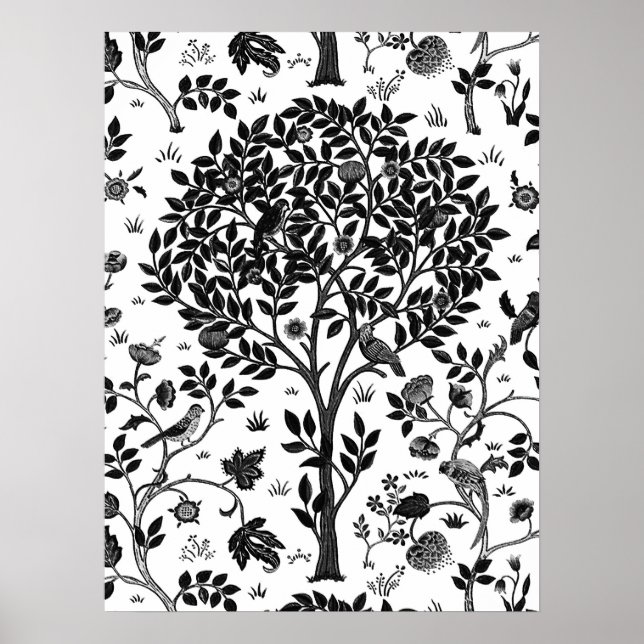 William Morris Livets träd Mönster, Black & White Poster (Framsidan)