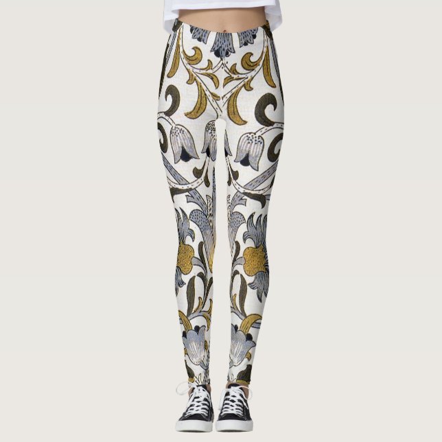 William Morris Lodden Blommönster: Blått Guld  Leggings (Framsida)