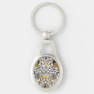 William Morris Lodden Blommönster: Blått Guld Ovalt Silverfärgad Nyckelring