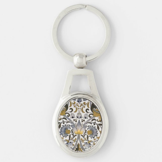 William Morris Lodden Blommönster: Blått Guld  Ovalt Silverfärgad Nyckelring (Framsidan)