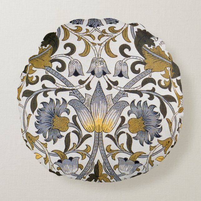 William Morris Lodden Blommönster: Blått Guld  Rund Kudde (Framsidan)