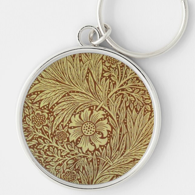 William Morris Marigold Antik Blommönster Rund Silverfärgad Nyckelring (Framsidan)