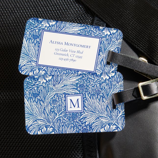 William Morris Marigold Blue Monogram Bagagebricka (elegant vintage William Morris luggage tag floral Marigold pattern blue white monogram initial)