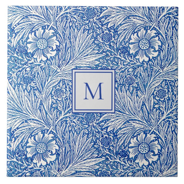 William Morris Marigold Blue Monogram Kakelplatta (Framsidan)