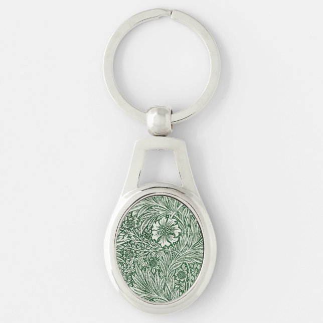 william morris marigold grön blom- ovalt silverfärgad nyckelring (Framsidan)