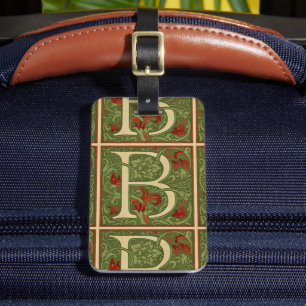 William Morris Monogram Bokstav B Blommig Röd Grön Bagagebricka