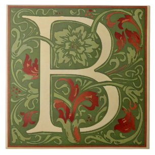 William Morris Monogram Bokstav B Blommig Röd Grön Kakelplatta