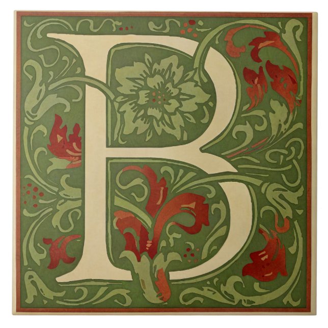 William Morris Monogram Bokstav B Blommig Röd Grön Kakelplatta (Framsidan)