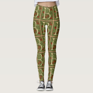 William Morris Monogram Bokstav B Blommig Röd Grön Leggings