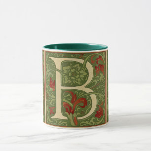 William Morris Monogram Bokstav B Blommig Röd Grön Mugg