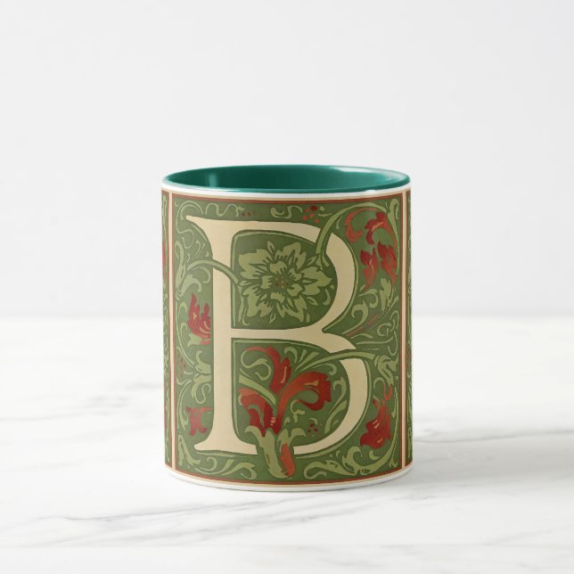 William Morris Monogram Bokstav B Blommig Röd Grön Mugg (Center)