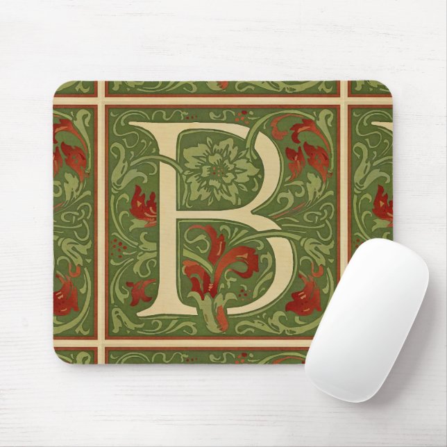 William Morris Monogram Bokstav B Blommig Röd Grön Musmatta (Med mus)