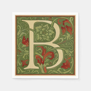William Morris Monogram Bokstav B Blommig Röd Grön Pappersservett