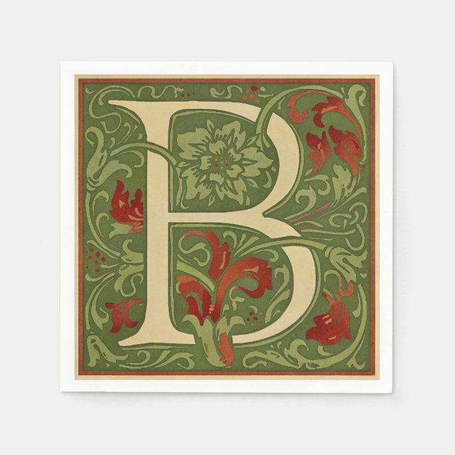 William Morris Monogram Bokstav B Blommig Röd Grön Pappersservett (Framsidan)