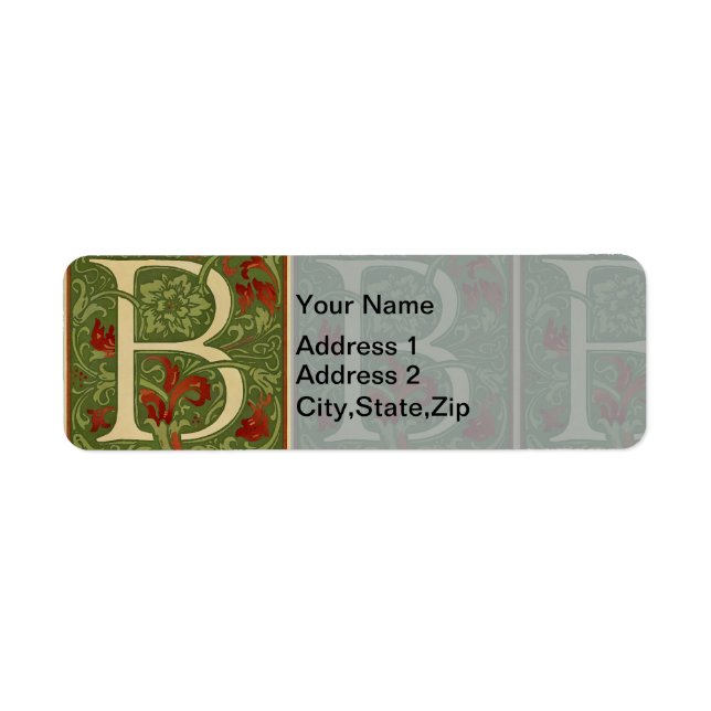 William Morris Monogram Bokstav B Blommig Röd Grön Returadress Etikett (Framsidan)
