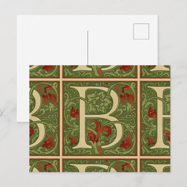 William Morris Monogram Bokstav B Blommig Röd Grön Vykort (Fram/baksida)