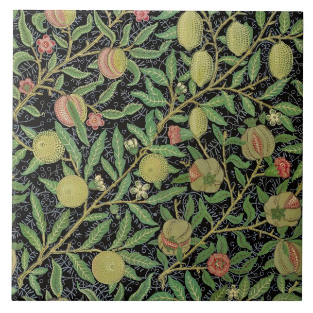 William Morris Mörkt Granatäpple Fruktmönster Kakelplatta (Framsidan)